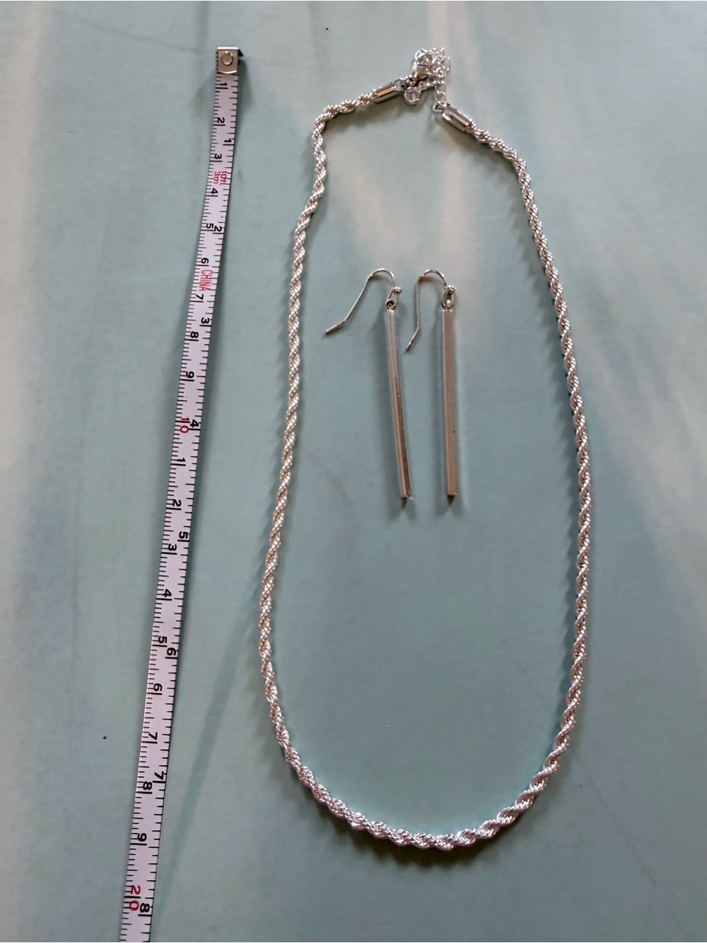 Sterling Silver Rope Chain Necklace with Minimalist Bar Drop Earrings